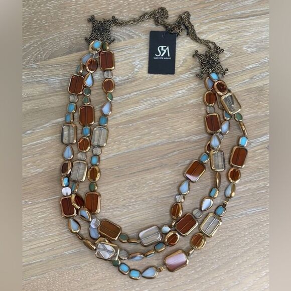SFA Multi Layer Glass Beaded Necklace in Clear, Amber, Lt Blue & Gold - Picture 2 of 7